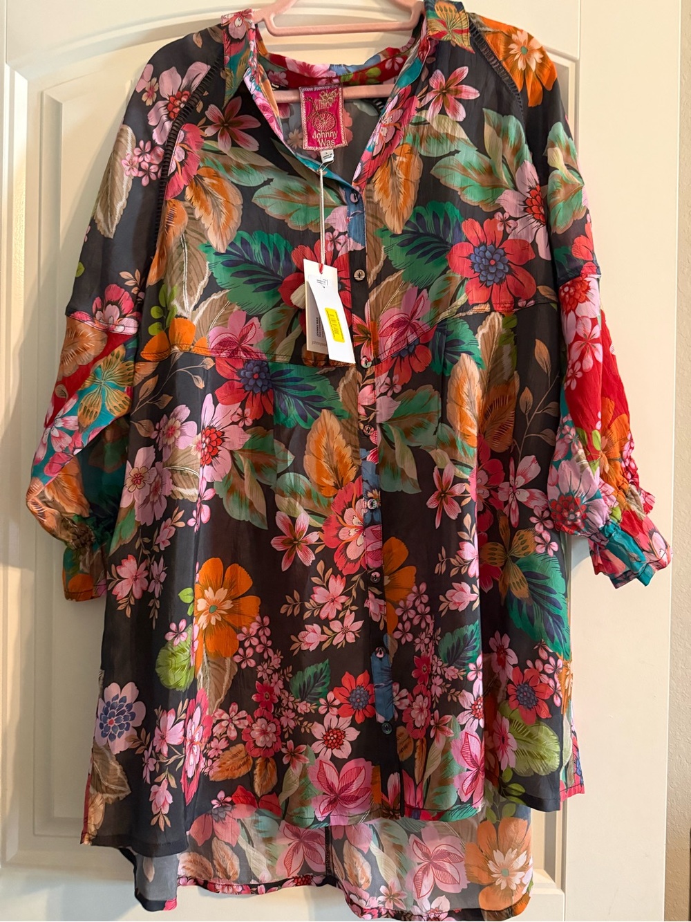 Johnny Was Multicolor Floral Sheer Button Tunic